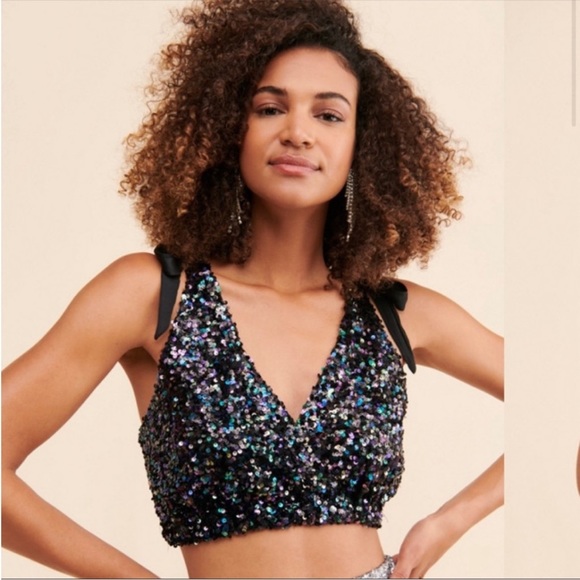 Intimately Free People Big Night Sequin Crop Top Bralette V-Neck Tie Strap XS - Picture 3 of 8